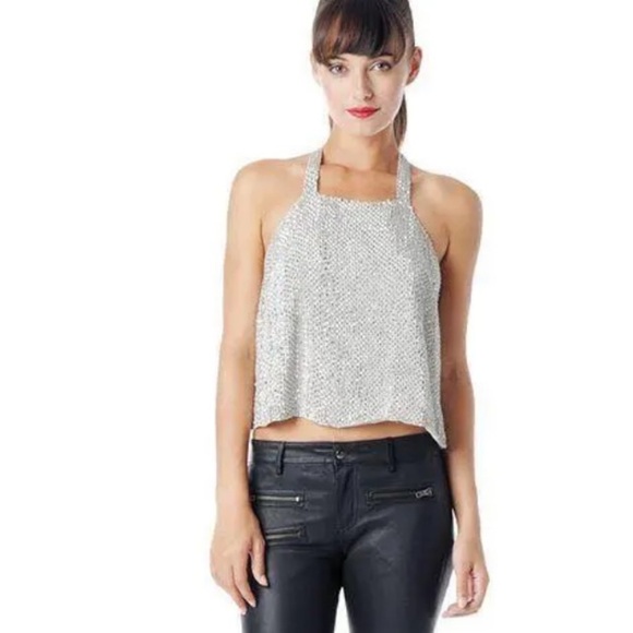 Revolve PARKER Justina Silk Silver Rhinestone Beaded Halter Tank Top Racerback - Picture 1 of 7